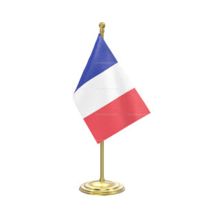 France Table Flag with Gold Coated Plastic Pole & Round Base - Table Miniature Flag