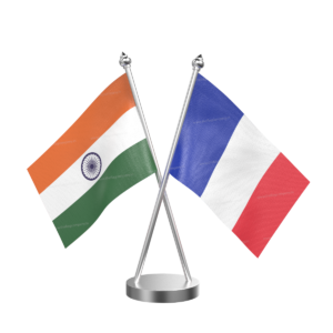 France and India Cross Desk Flag with Stainless Steel Base and Pole