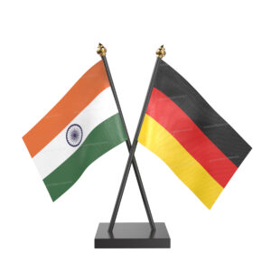 Germany and India Cross Desk Flag with Black Acrylic Pole and Base