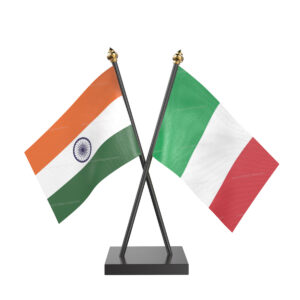 Italy and India Cross Desk Flag with Black Acrylic Pole and Base