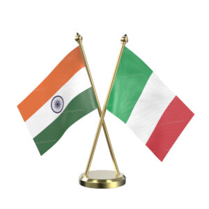 Italy and India Cross Desk Flag with Brass Base and Pole