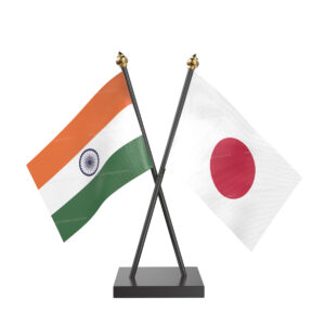 Japan and India Cross Desk Flag with Black Acrylic Pole and Base