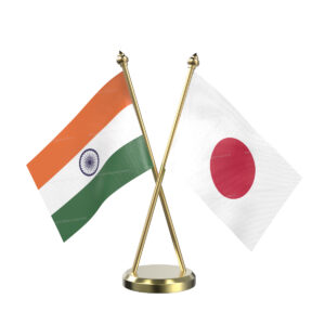 Japan and India Cross Desk Flag with Brass Base and Pole