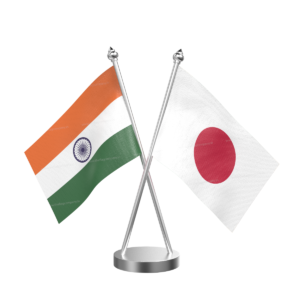 Japan and India Cross Desk Flag with Stainless Steel Base and Pole