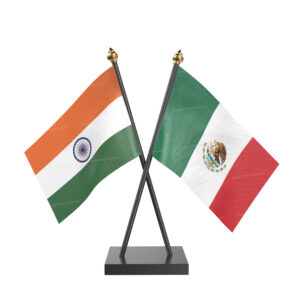 Mexico and India Cross Desk Flag with Black Acrylic Pole and Base