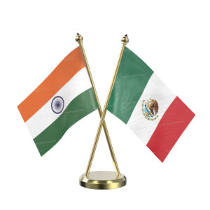 Mexico and India Cross Desk Flag with Brass Base and Pole