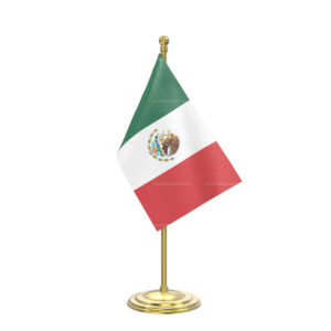 Mexico Table Flag with Gold Coated Plastic Pole & Round Base - Table Miniature Flag