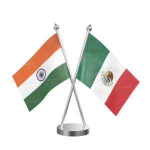 Mexico and India Cross Desk Flag with Stainless Steel Base and Pole