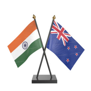 New Zealand and India Cross Desk Flag with Black Acrylic Pole and Base