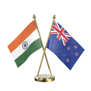 New Zealand and India Cross Desk Flag with Brass Base and Pole