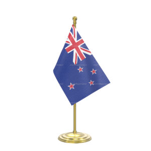 New Zealand Table Flag with Gold Coated Plastic Pole & Round Base - Table Miniature Flag