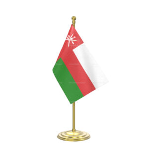 Oman Table Flag with Gold Coated Plastic Pole & Round Base - Table Miniature Flag