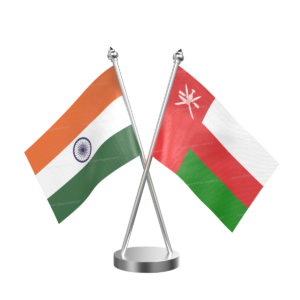 Oman and India Cross Desk Flag with Stainless Steel Base and Pole