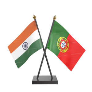 Portugal and India Cross Desk Flag with Black Acrylic Pole and Base