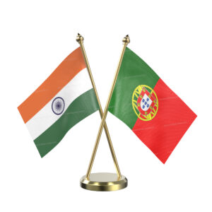 Portugal and India Cross Desk Flag with Brass Base and Pole