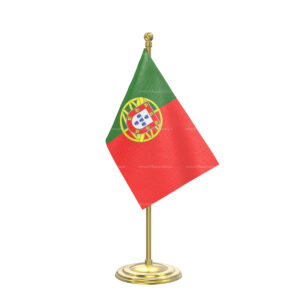 Portugal Table Flag with Gold Coated Plastic Pole & Round Base - Table Miniature Flag