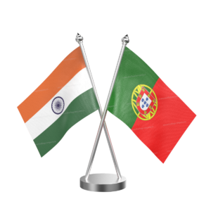 Portugal and India Cross Desk Flag with Stainless Steel Base and Pole