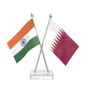 Qatar and India Cross Desk Flag with Stainless Steel pole and transparent acrylic