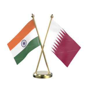 Qatar and India Cross Desk Flag with Brass Base and Pole