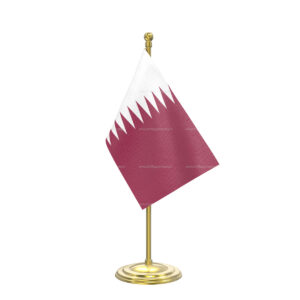Qatar Table Flag with Gold Coated Plastic Pole & Round Base - Table Miniature Flag
