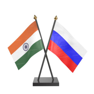 Russia and India Cross Desk Flag with Black Acrylic Pole and Base