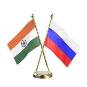 Russia and India Cross Desk Flag with Brass Base and Pole