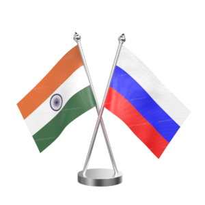 Russia and India Cross Desk Flag with Stainless Steel Base and Pole