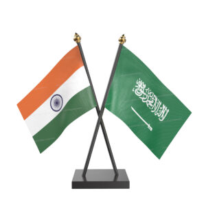 Saudi Arabia and India Cross Desk Flag with Black Acrylic Pole and Base