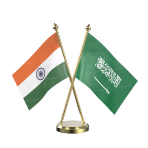 Saudi Arabia and India Cross Desk Flag with Brass Base and Pole