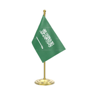 Saudi Arabia Table Flag with Gold Coated Plastic Pole & Round Base - Table Miniature Flag