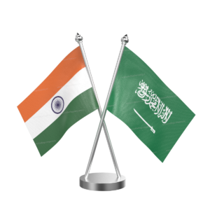 Saudi Arabia and India Cross Desk Flag with Stainless Steel Base and Pole