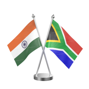South Africa and India Cross Desk Flag with Stainless Steel Base and Pole