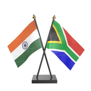 South Africa and India Cross Desk Flag with Black Acrylic Pole and Base