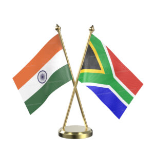 Russia and India Cross Desk Flag with Brass Base and Pole