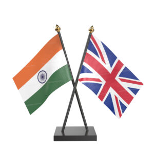UK and India Cross Desk Flag with Black Acrylic Pole and Base