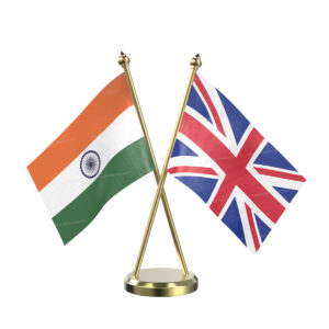 UK and India Cross Desk Flag with Brass Base and Pole